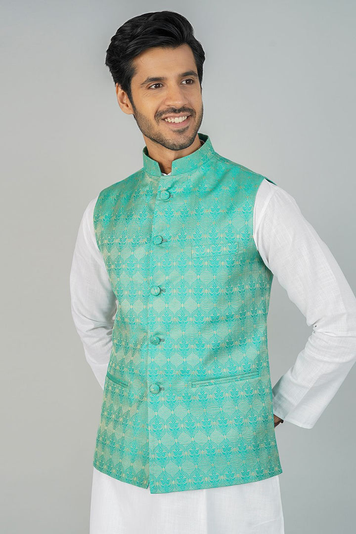 Banarasi Rayon Cotton Green Nehru Jacket