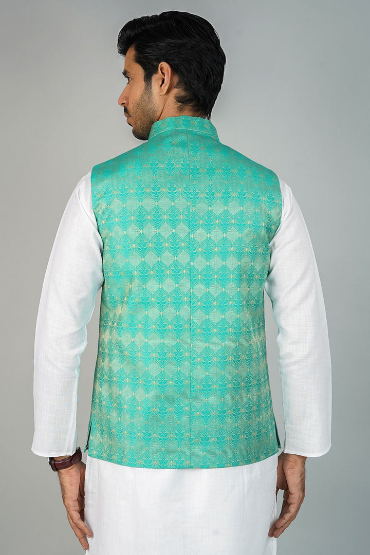 Banarasi Rayon Cotton Green Nehru Jacket