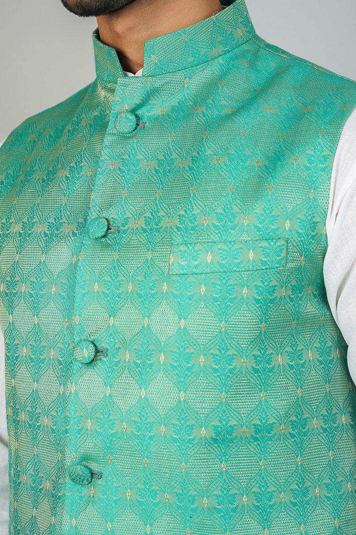 Banarasi Rayon Cotton Green Nehru Jacket