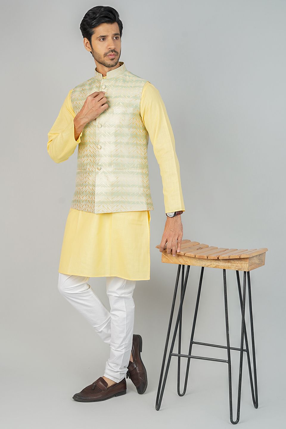 Banarasi Rayon Cotton Green Nehru Jacket