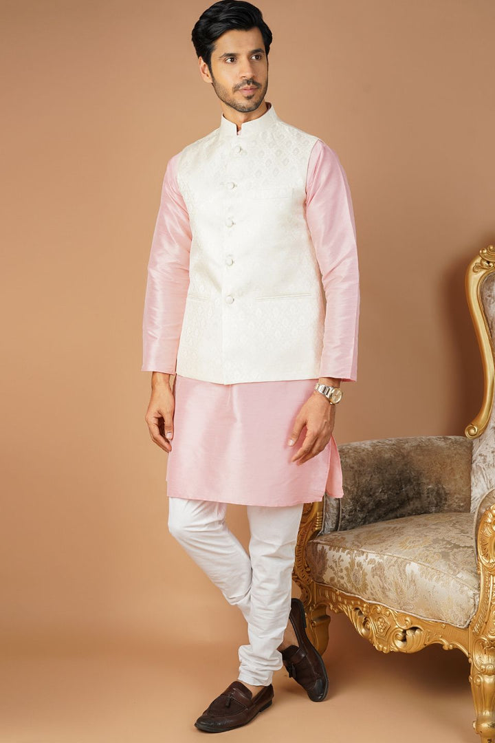 Banarasi Rayon Cotton White Nehru Jacket