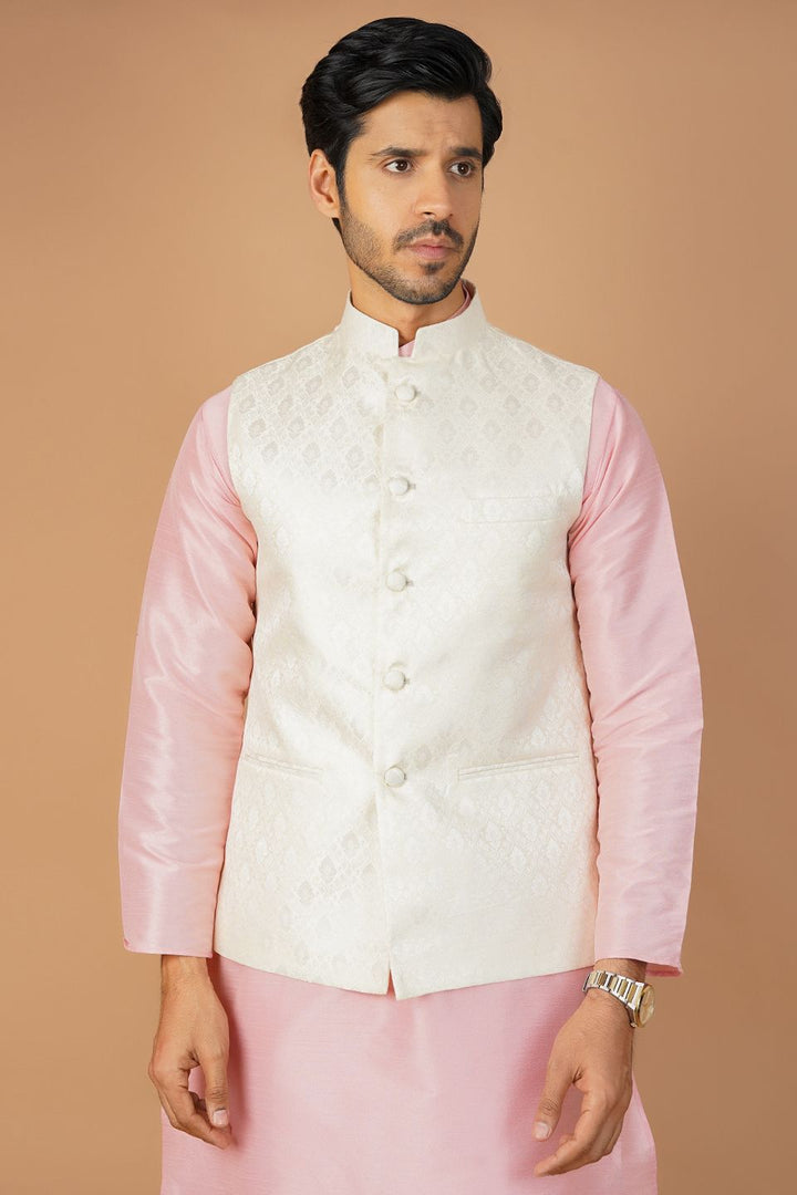Banarasi Rayon Cotton White Nehru Jacket