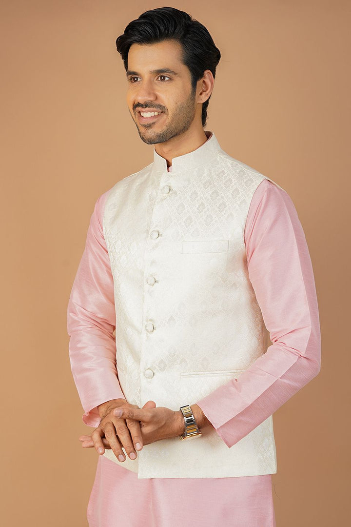 Banarasi Rayon Cotton White Nehru Jacket