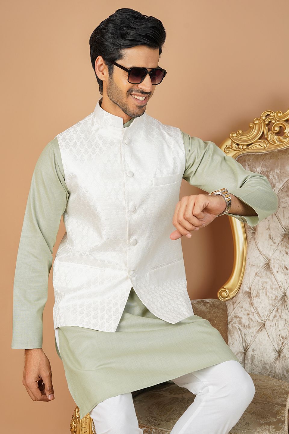 Banarasi Rayon Cotton White Nehru Jacket