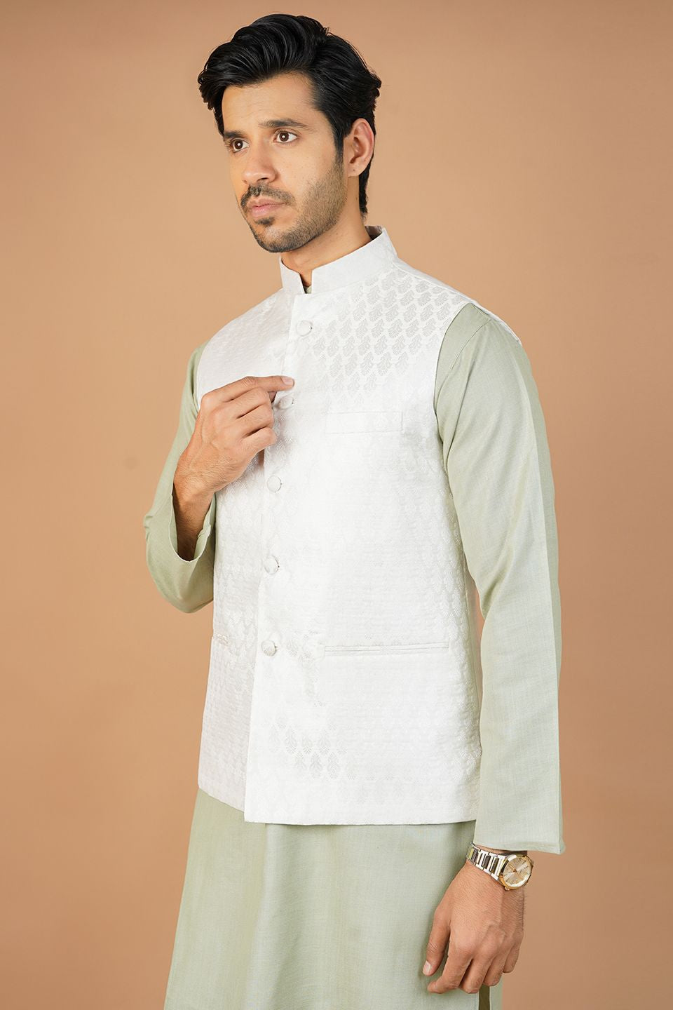 Banarasi Rayon Cotton White Nehru Jacket