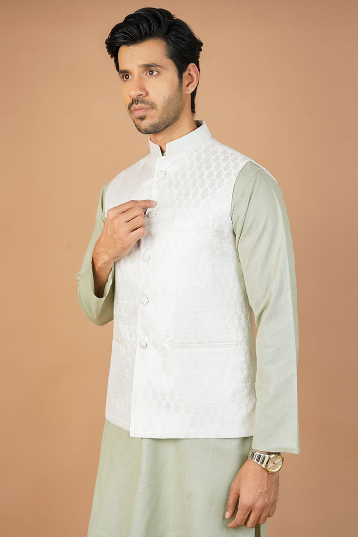 Banarasi Rayon Cotton White Nehru Jacket