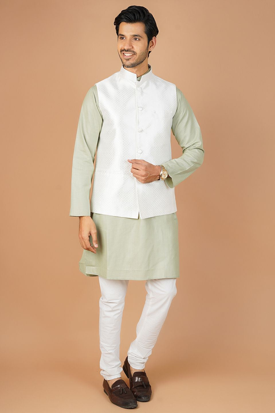 Banarasi Rayon Cotton White Nehru Jacket