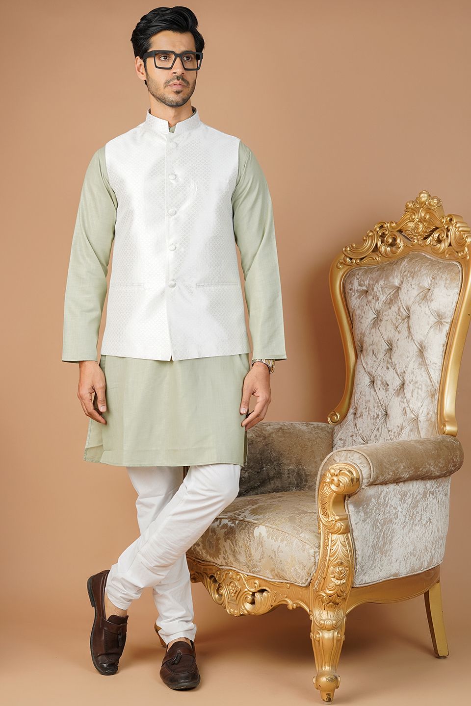 Banarasi Rayon Cotton White Nehru Jacket