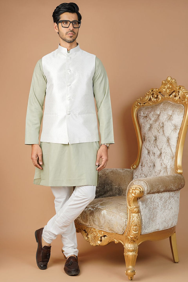 Banarasi Rayon Cotton White Nehru Jacket