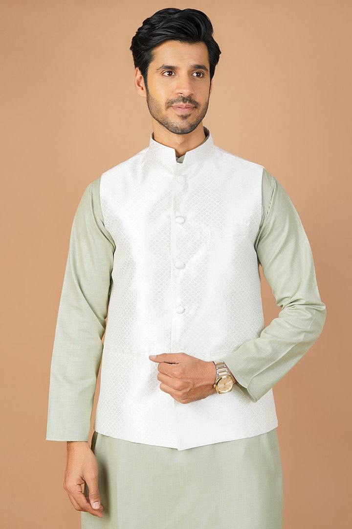 Banarasi Rayon Cotton White Nehru Jacket