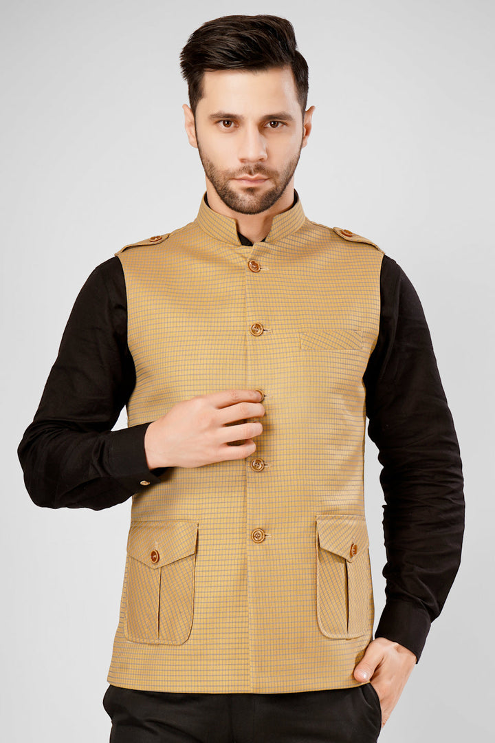 Buy Wintage Men's Pure cotton Gold Nehru Jacket
