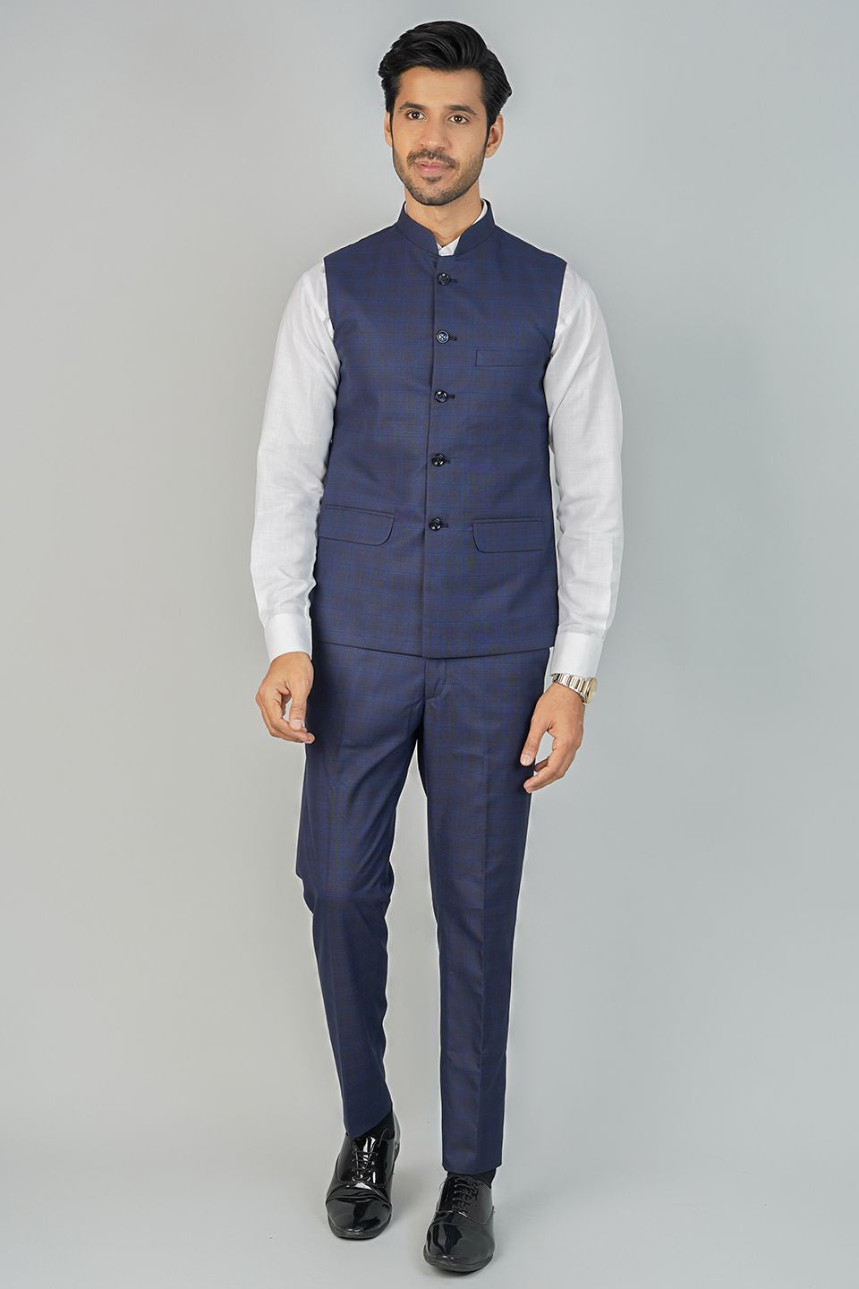 Poly Viscose Blue Vest and Trouser Set