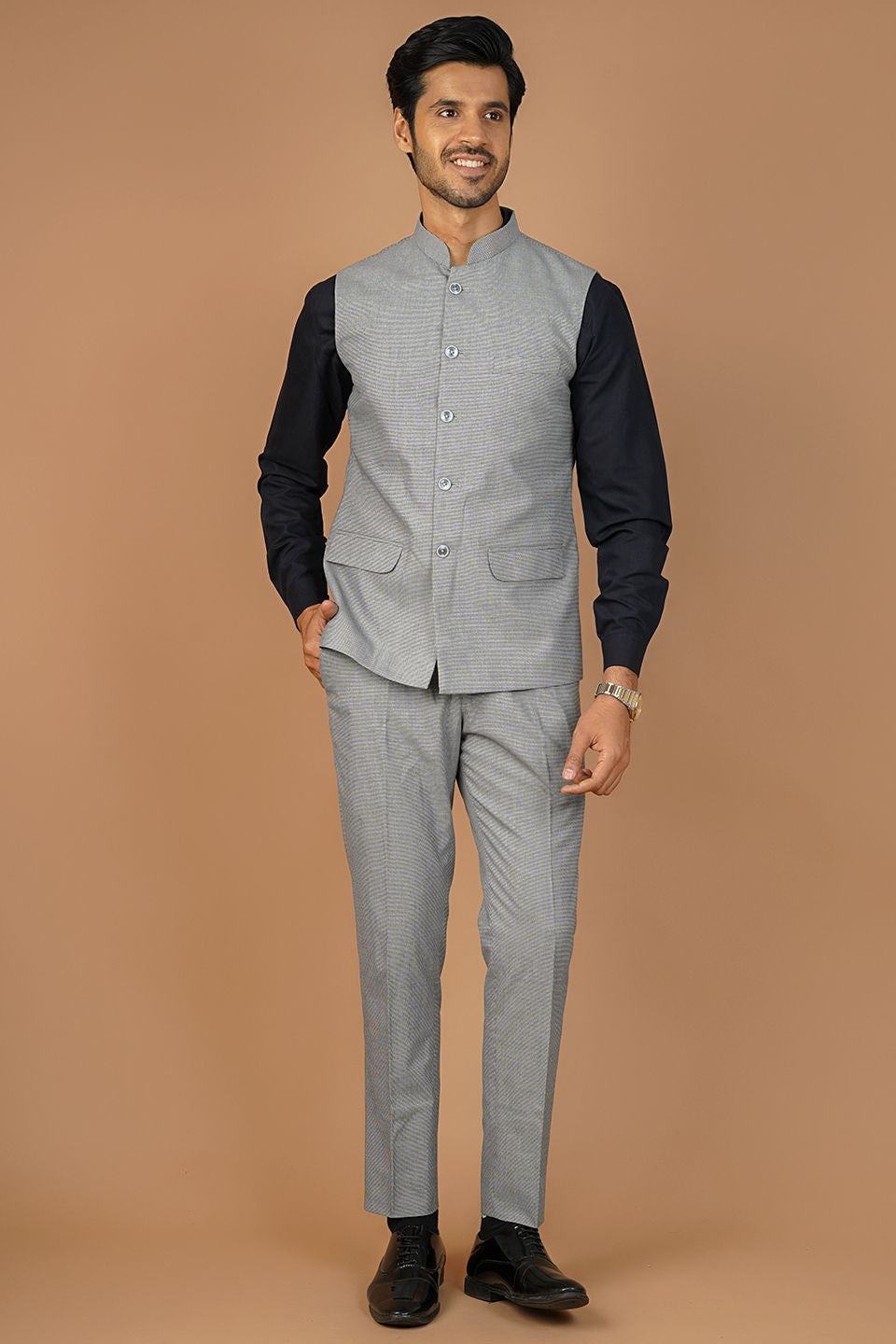 Poly Viscose Grey Vest and Trouser Set