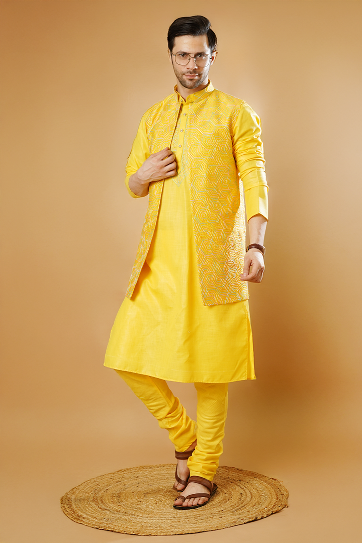 RUBY SILK Yellow Kurta Pyjama with Nehru Jacket