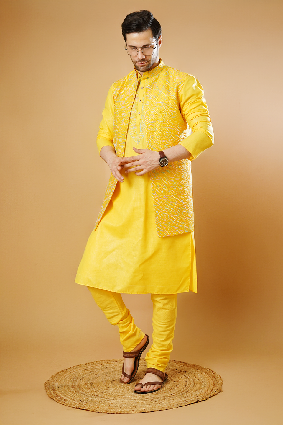 RUBY SILK Yellow Kurta Pyjama with Nehru Jacket