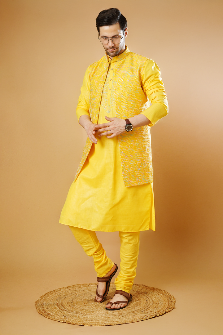 RUBY SILK Yellow Kurta Pyjama with Nehru Jacket