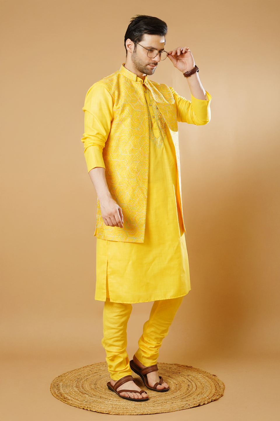 RUBY SILK Yellow Kurta Pyjama with Nehru Jacket