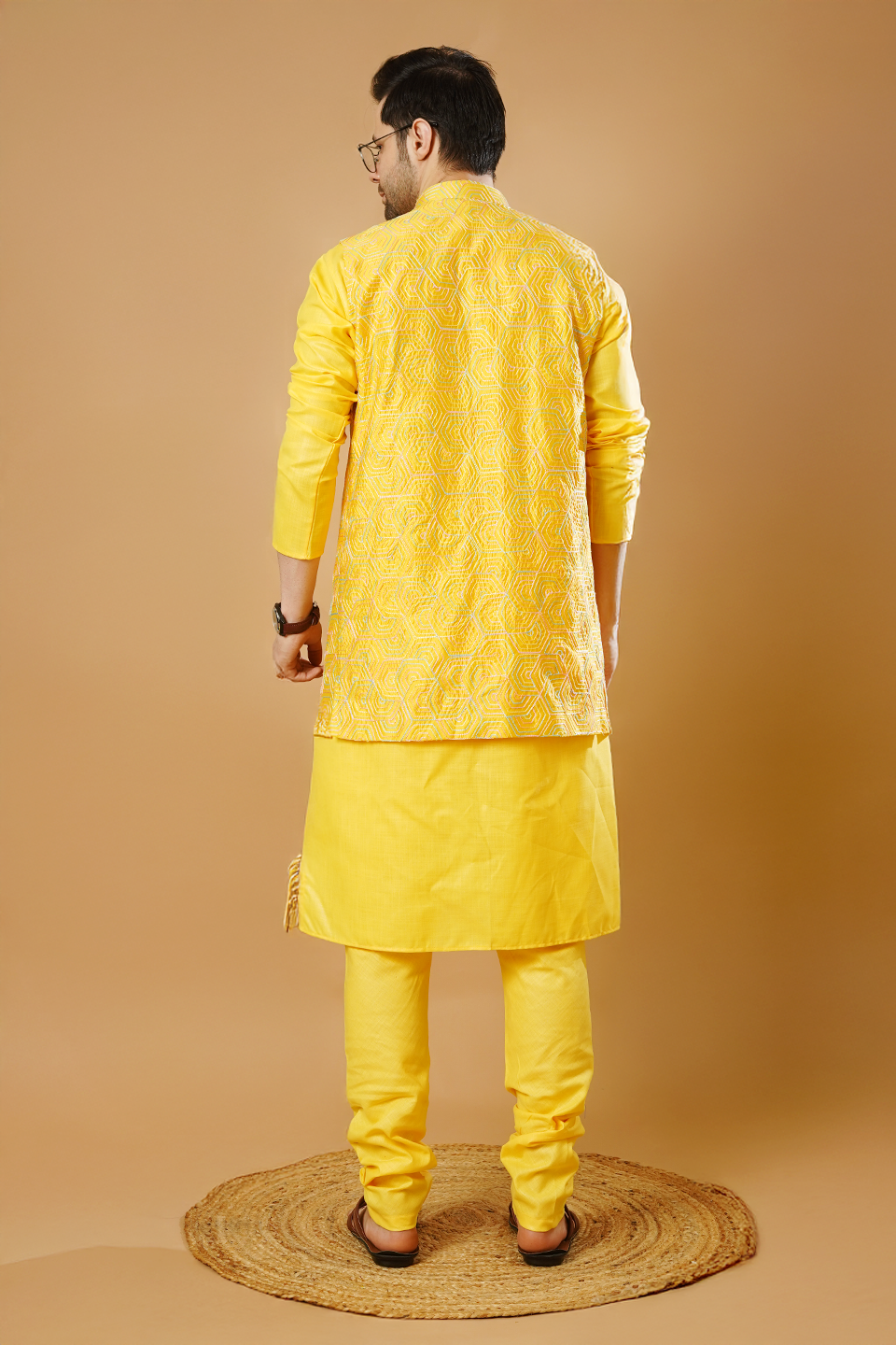 RUBY SILK Yellow Kurta Pyjama with Nehru Jacket