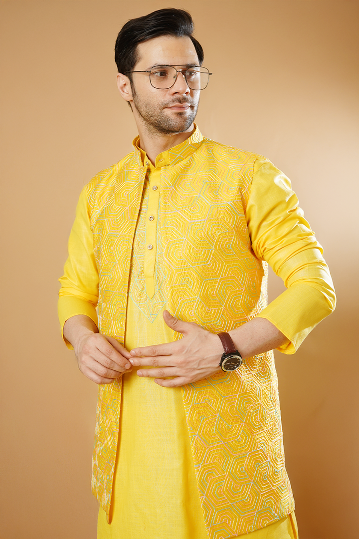 RUBY SILK Yellow Kurta Pyjama with Nehru Jacket