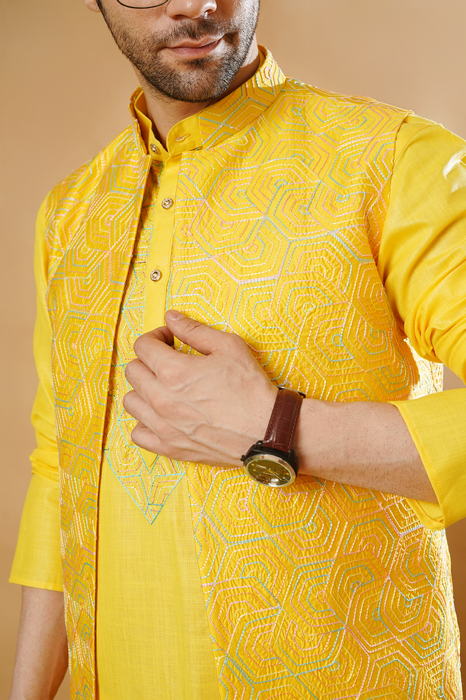 RUBY SILK Yellow Kurta Pyjama with Nehru Jacket