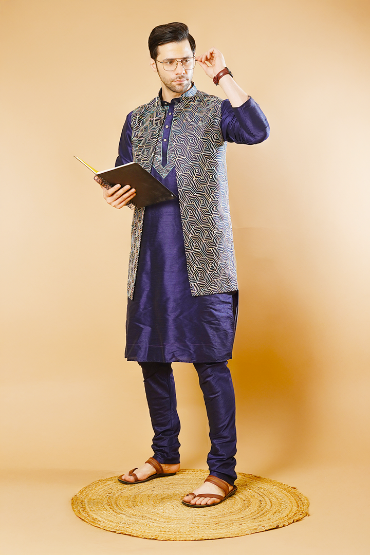 RUBY SILK Blue Kurta Pyjama with Nehru Jacket