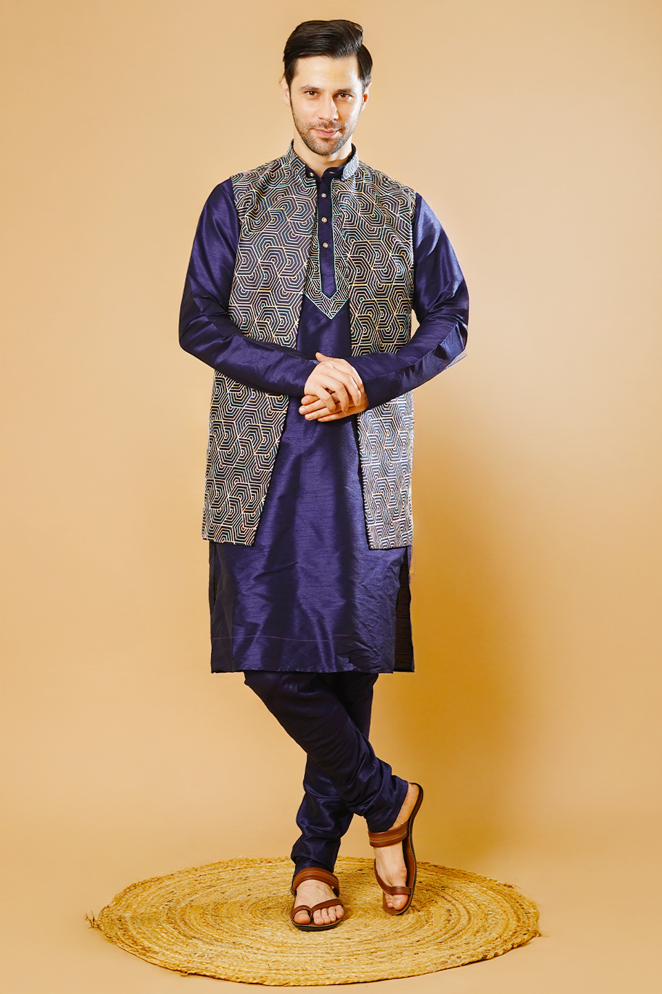 RUBY SILK Blue Kurta Pyjama with Nehru Jacket