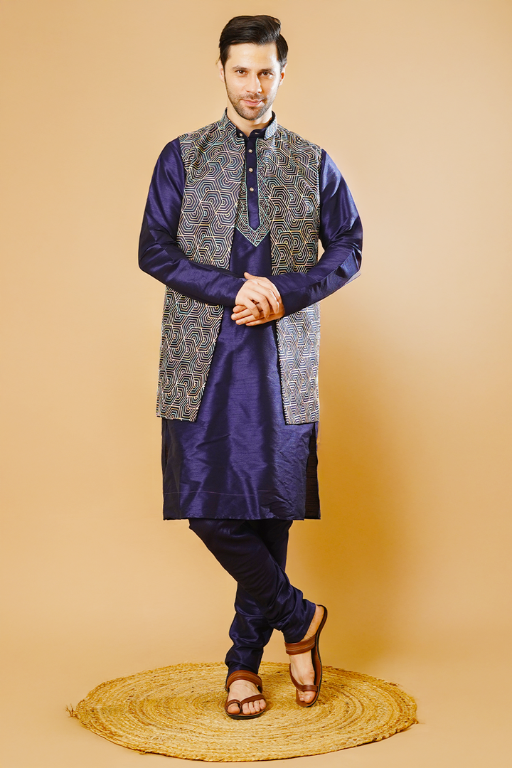 RUBY SILK Blue Kurta Pyjama with Nehru Jacket
