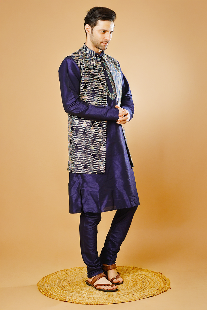 RUBY SILK Blue Kurta Pyjama with Nehru Jacket
