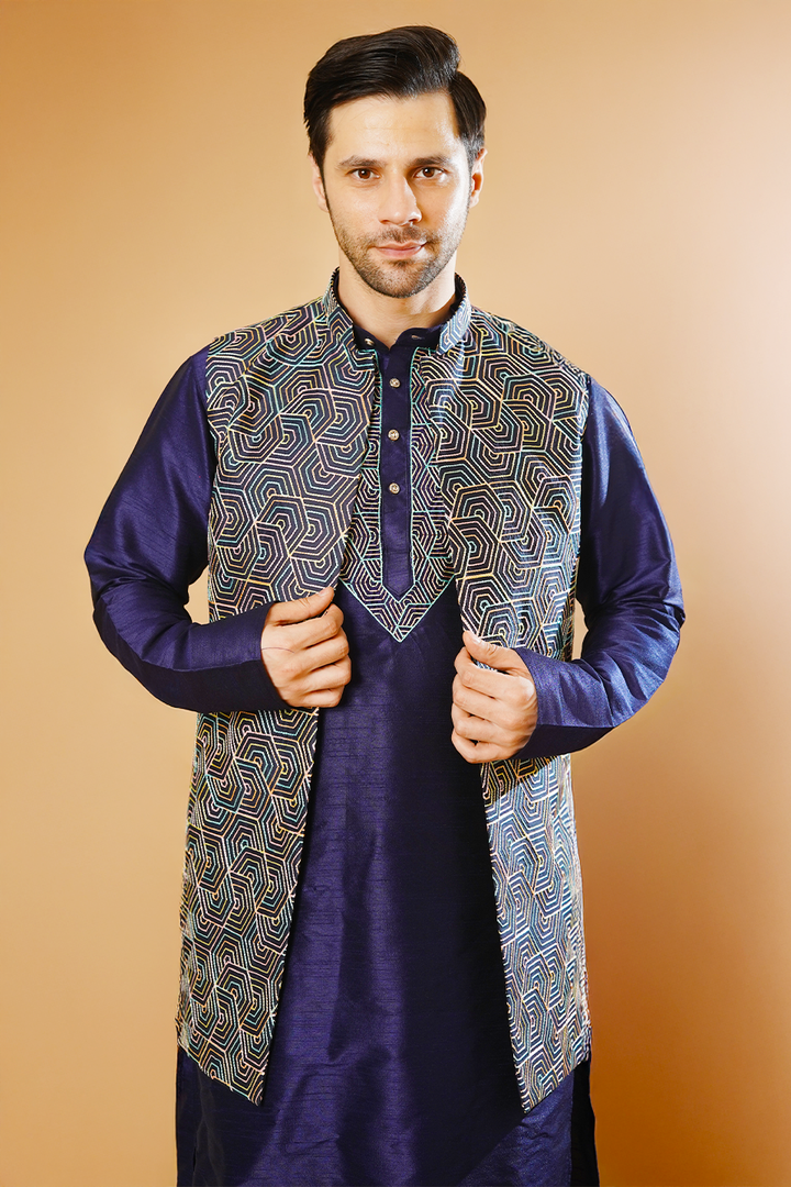 RUBY SILK Blue Kurta Pyjama with Nehru Jacket