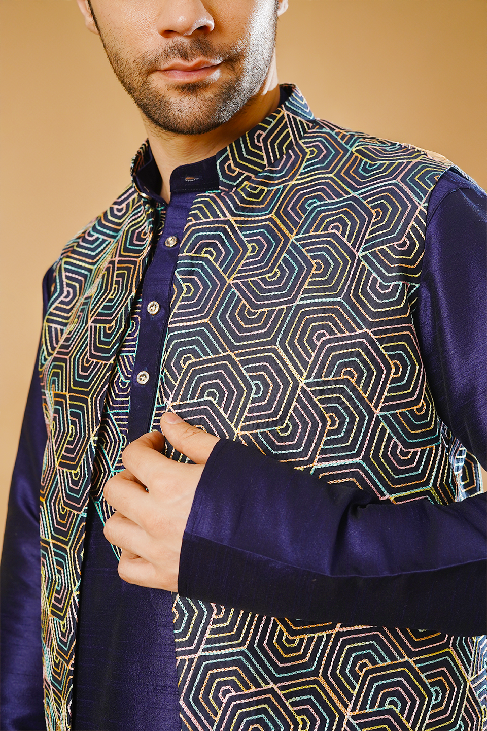 RUBY SILK Blue Kurta Pyjama with Nehru Jacket
