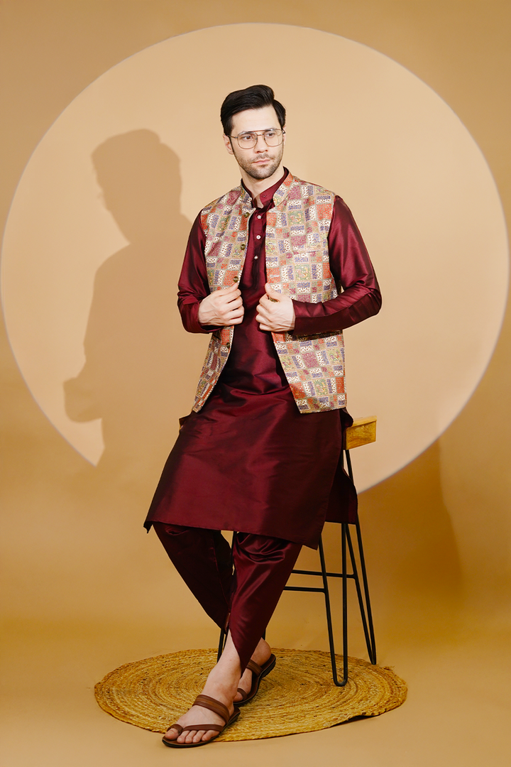 RUBY SILK Red Kurta Dhoti with Nehru Jacket
