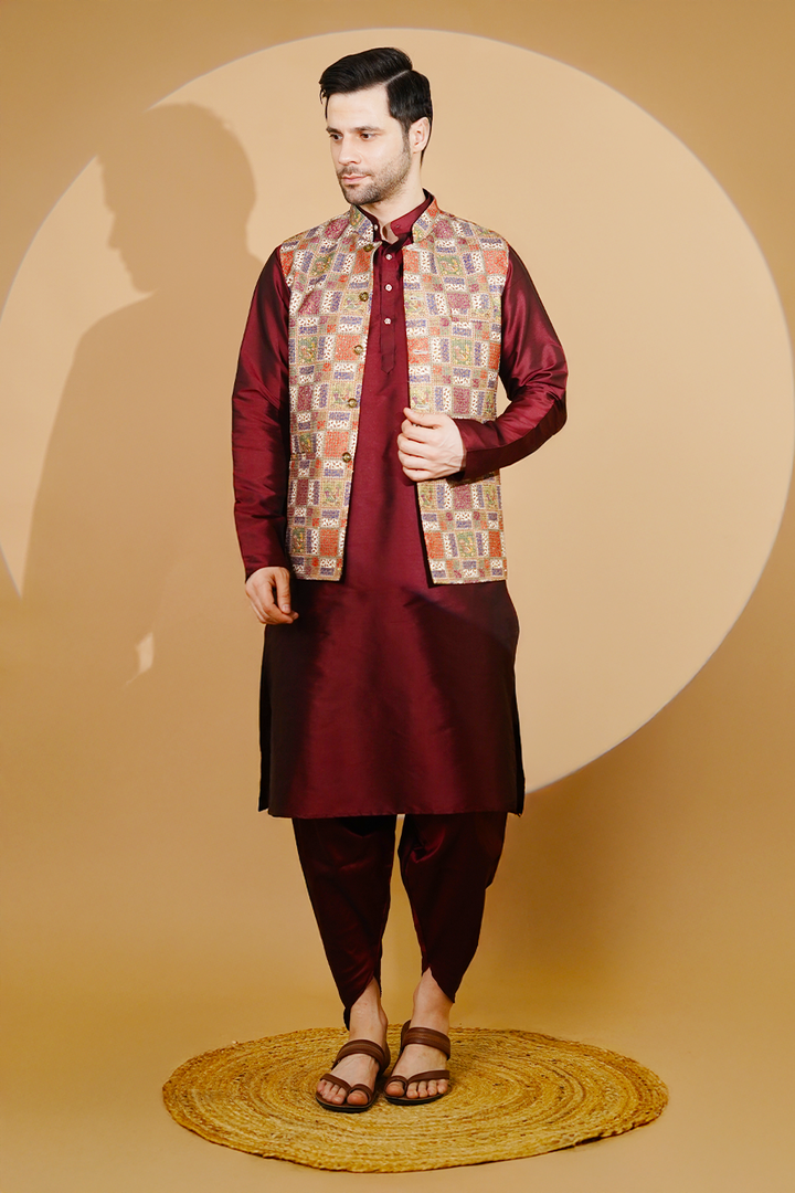 RUBY SILK Red Kurta Dhoti with Nehru Jacket