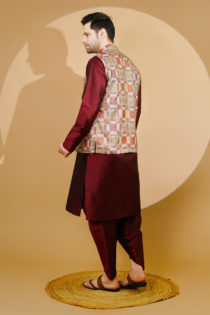 RUBY SILK Red Kurta Dhoti with Nehru Jacket