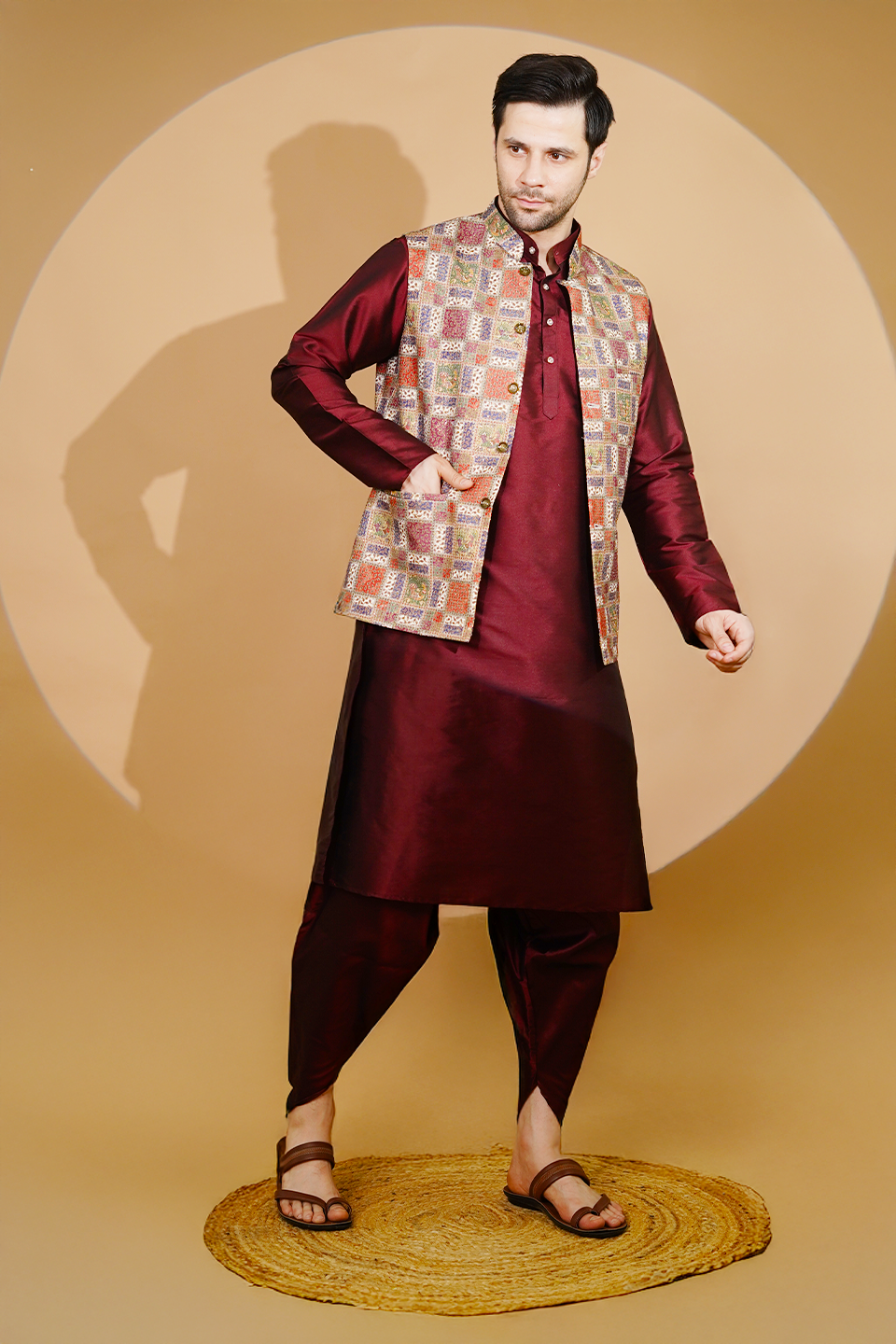 RUBY SILK Red Kurta Dhoti with Nehru Jacket