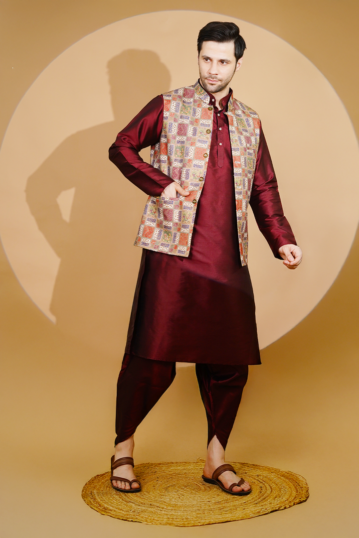 RUBY SILK Red Kurta Dhoti with Nehru Jacket