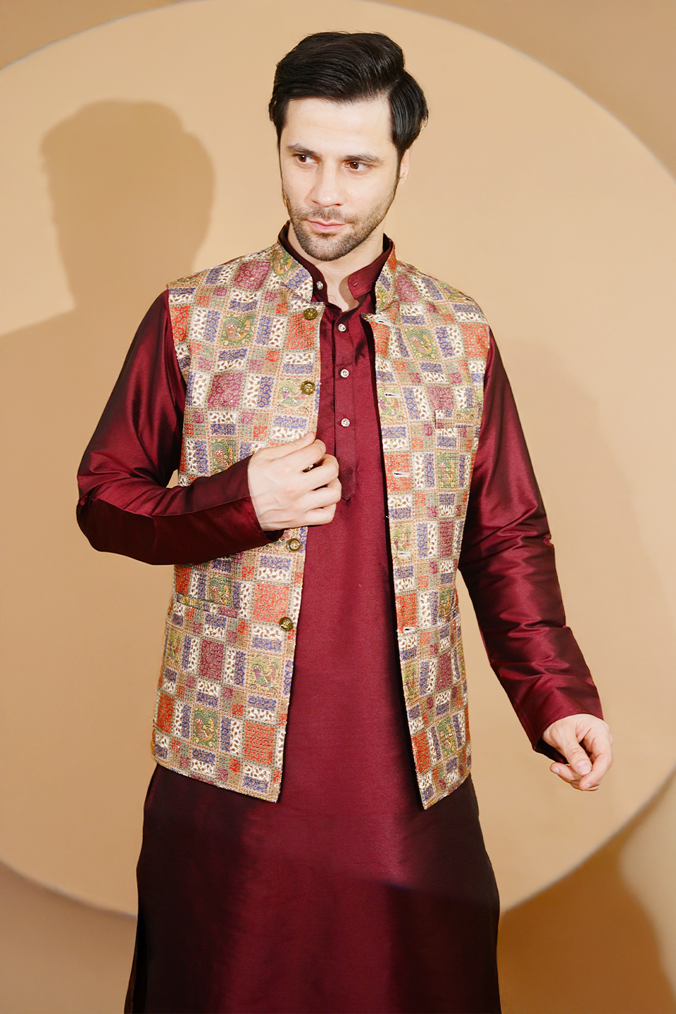 RUBY SILK Red Kurta Dhoti with Nehru Jacket