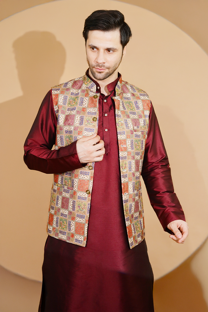 RUBY SILK Red Kurta Dhoti with Nehru Jacket