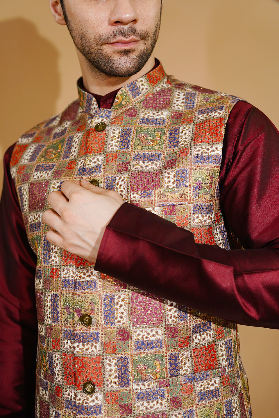 RUBY SILK Red Kurta Dhoti with Nehru Jacket