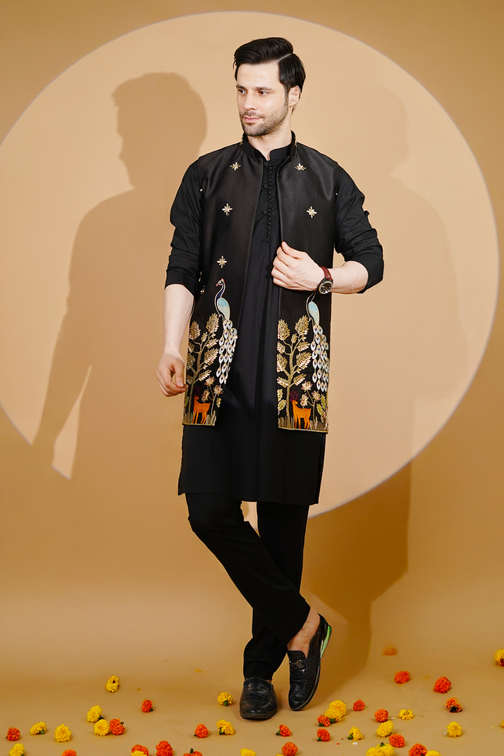 Poplin Black Kurta Pyjama with Nehru Jacket