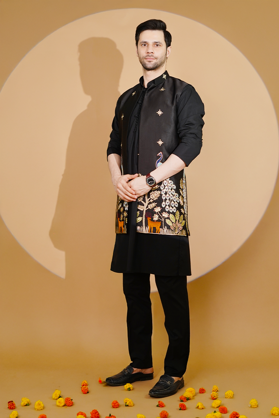 Poplin Black Kurta Pyjama with Nehru Jacket