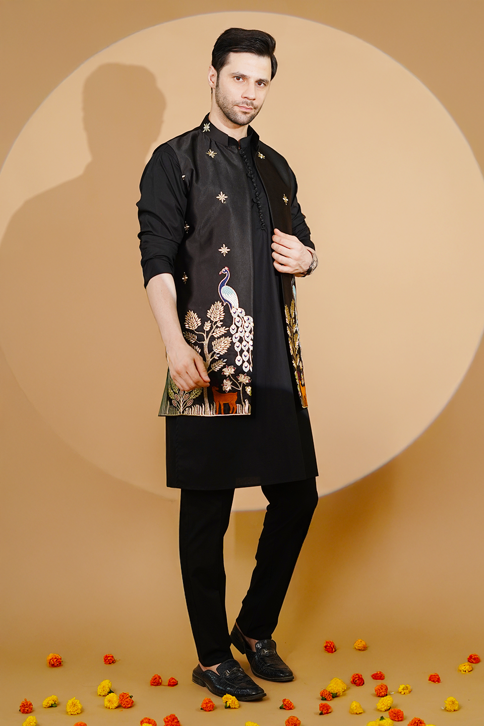 Poplin Black Kurta Pyjama with Nehru Jacket
