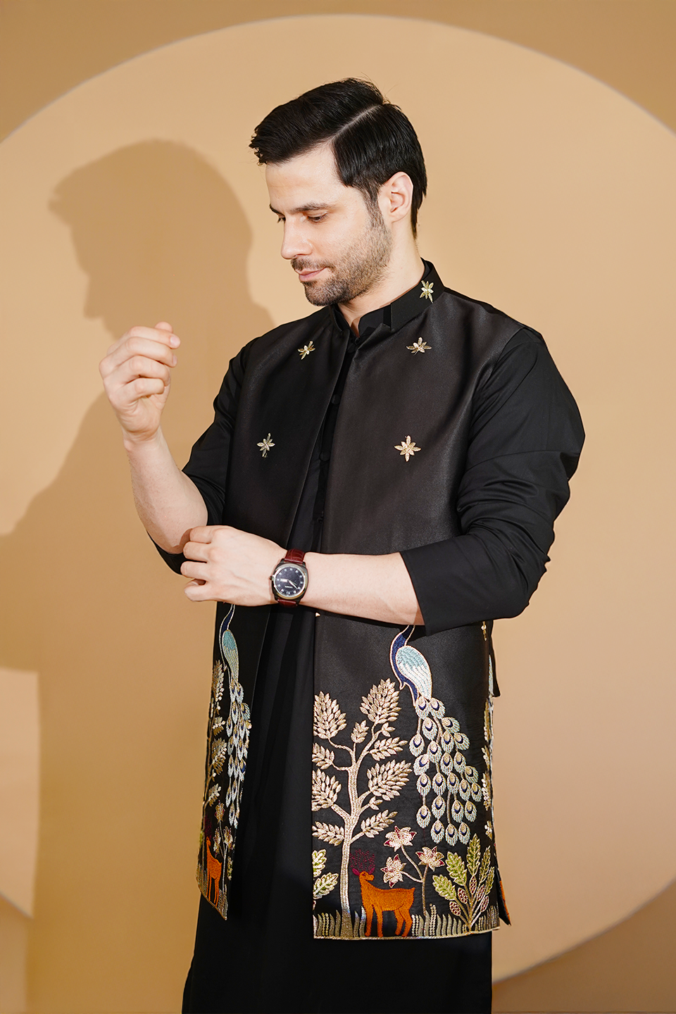 Poplin Black Kurta Pyjama with Nehru Jacket