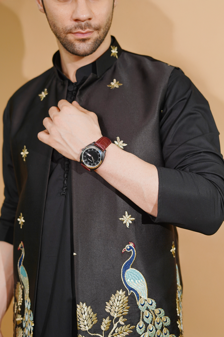 Poplin Black Kurta Pyjama with Nehru Jacket