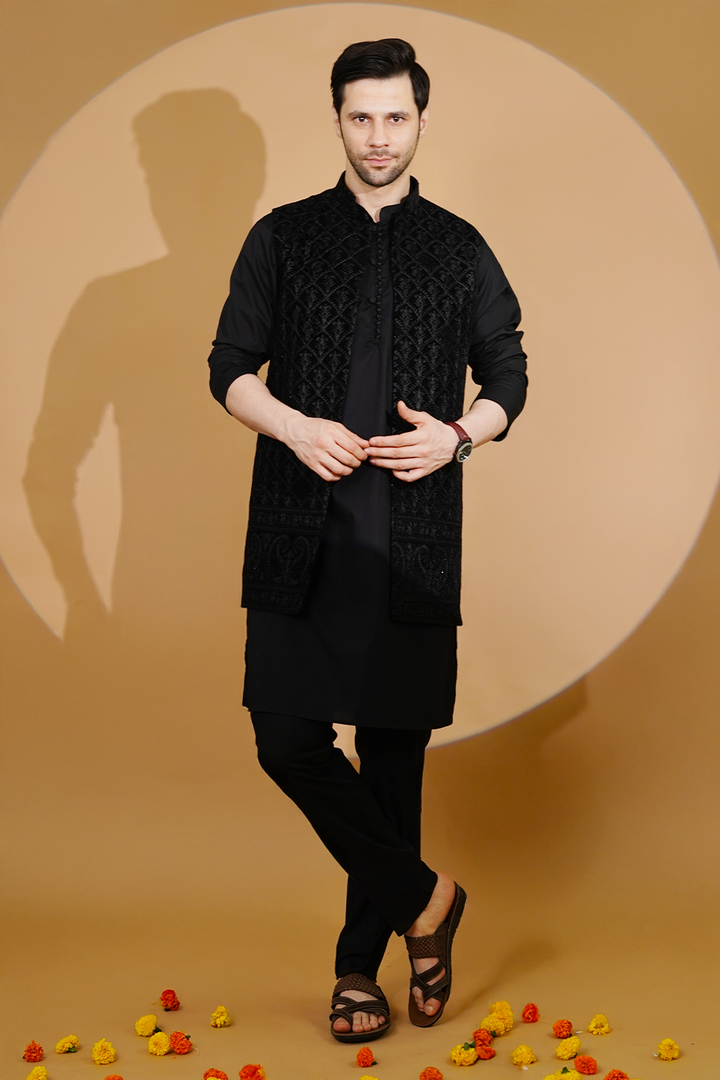 Poplin Black Kurta Pyjama with Nehru Jacket