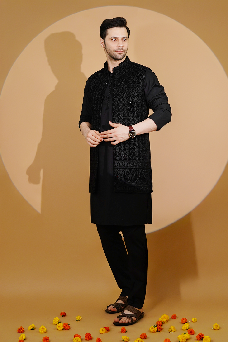 Poplin Black Kurta Pyjama with Nehru Jacket