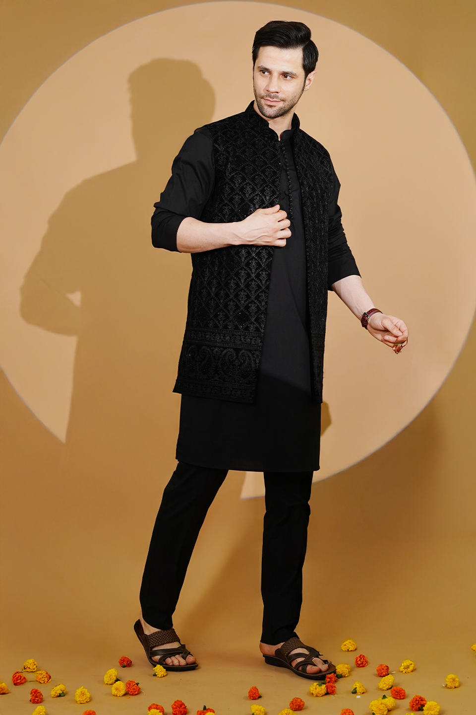 Poplin Black Kurta Pyjama with Nehru Jacket