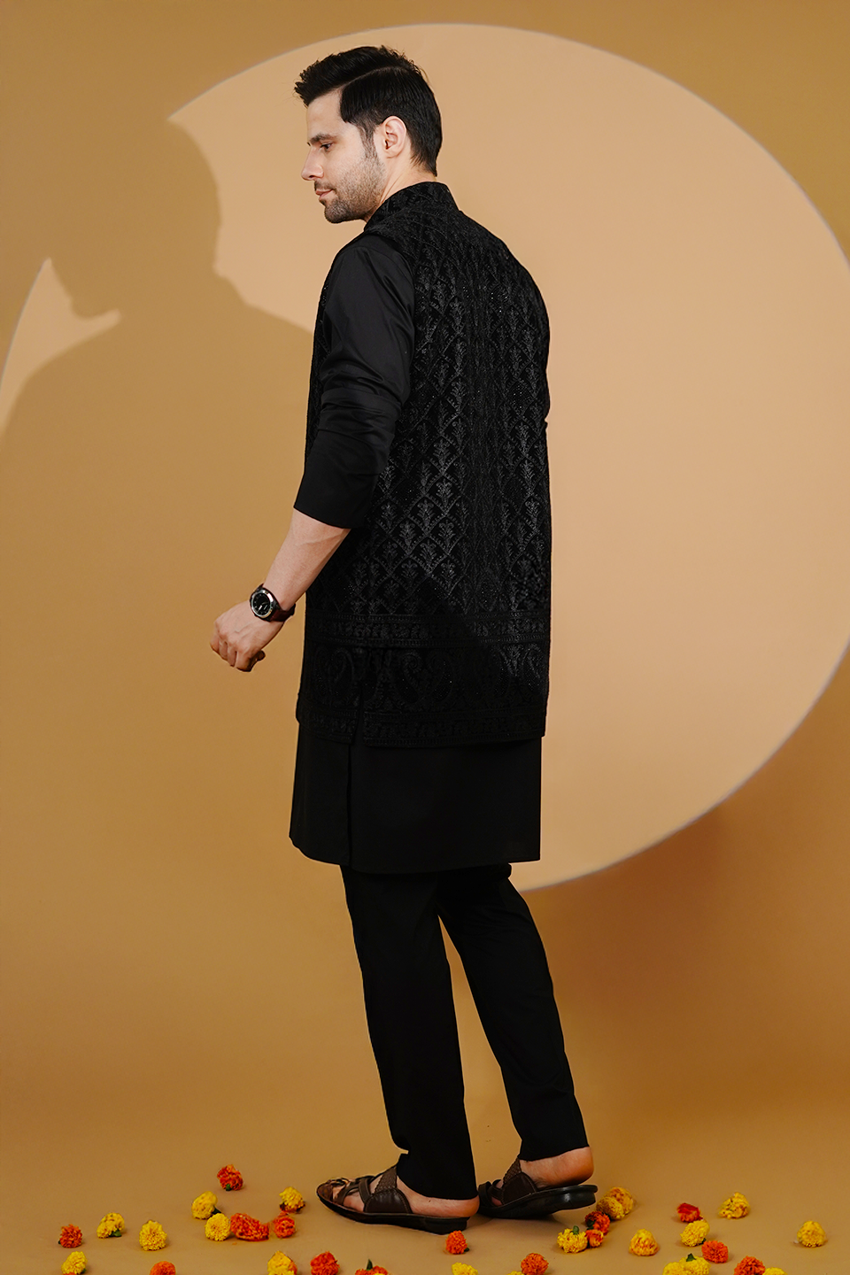 Poplin Black Kurta Pyjama with Nehru Jacket