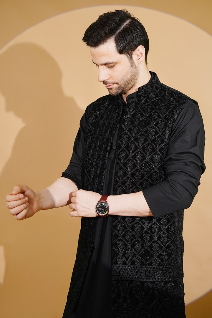 Poplin Black Kurta Pyjama with Nehru Jacket