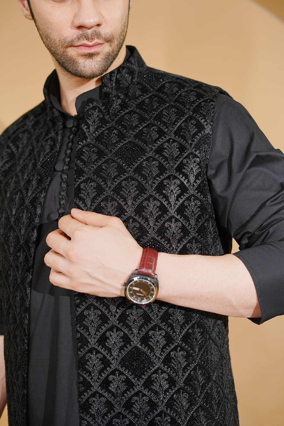 Poplin Black Kurta Pyjama with Nehru Jacket