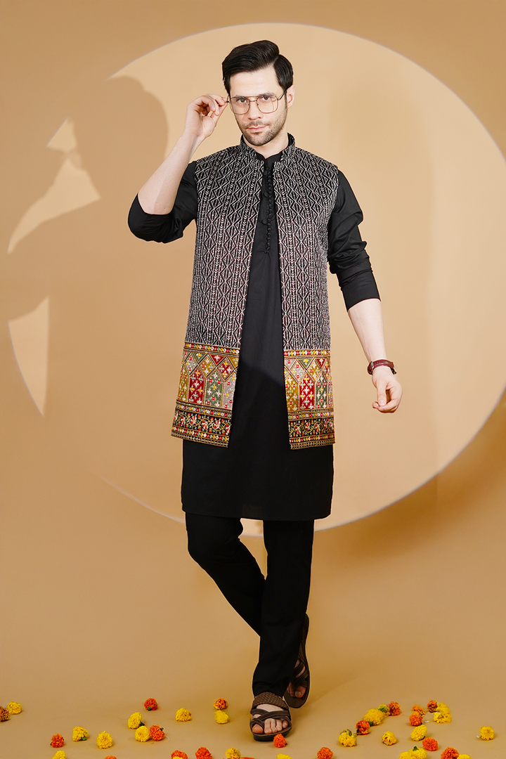 Poplin Black Kurta Pyjama with Nehru Jacket